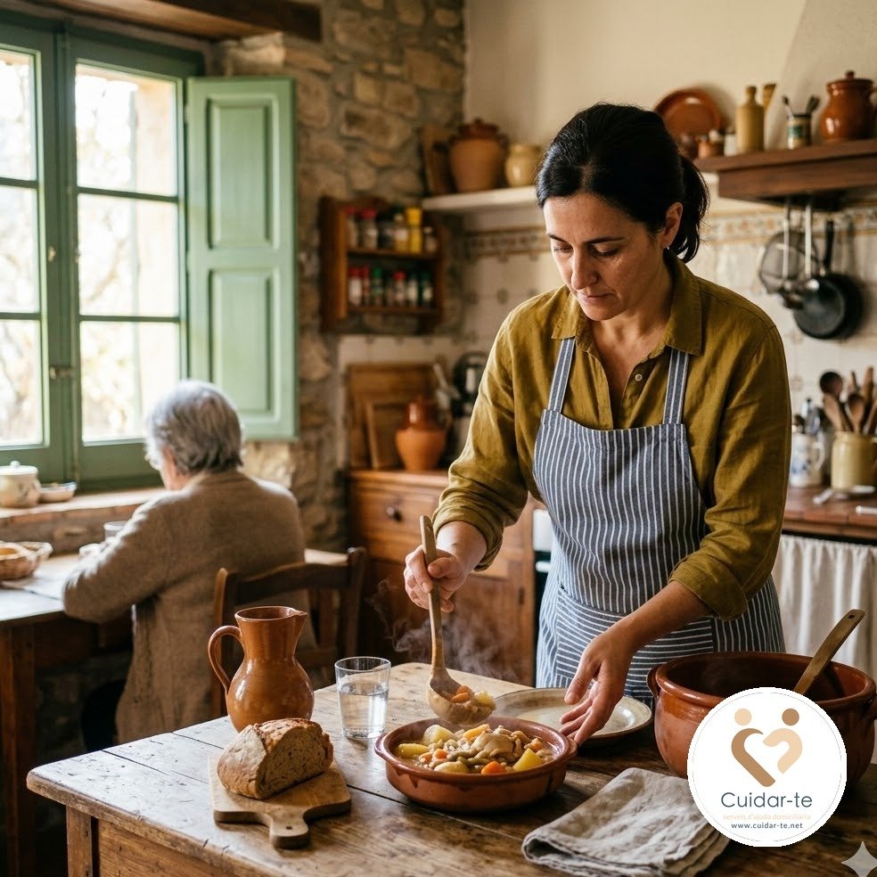 Professional de Cuidar-te preparant un àpat saludable a casa d'una persona gran — suport domiciliari amb atenció personal