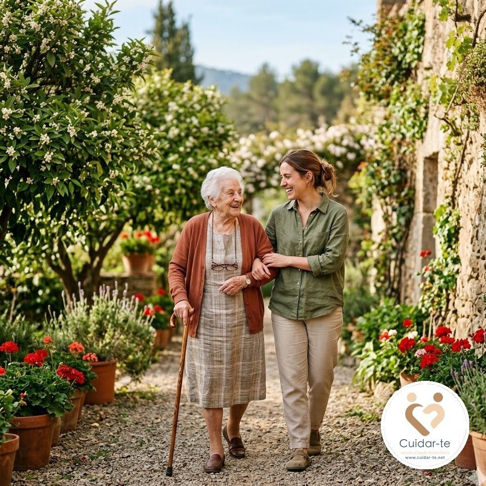 Persona gran fent un passeig acompanyada per una cuidadora de Cuidar-te — mantenir l'autonomia i la vida social