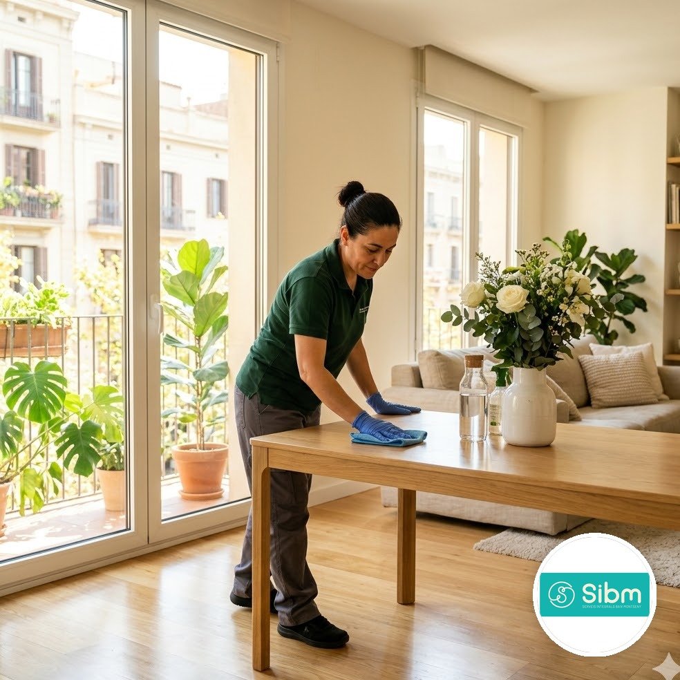 Professional de SIBM fent neteja a domicili en un saló lluminós a Sant Celoni