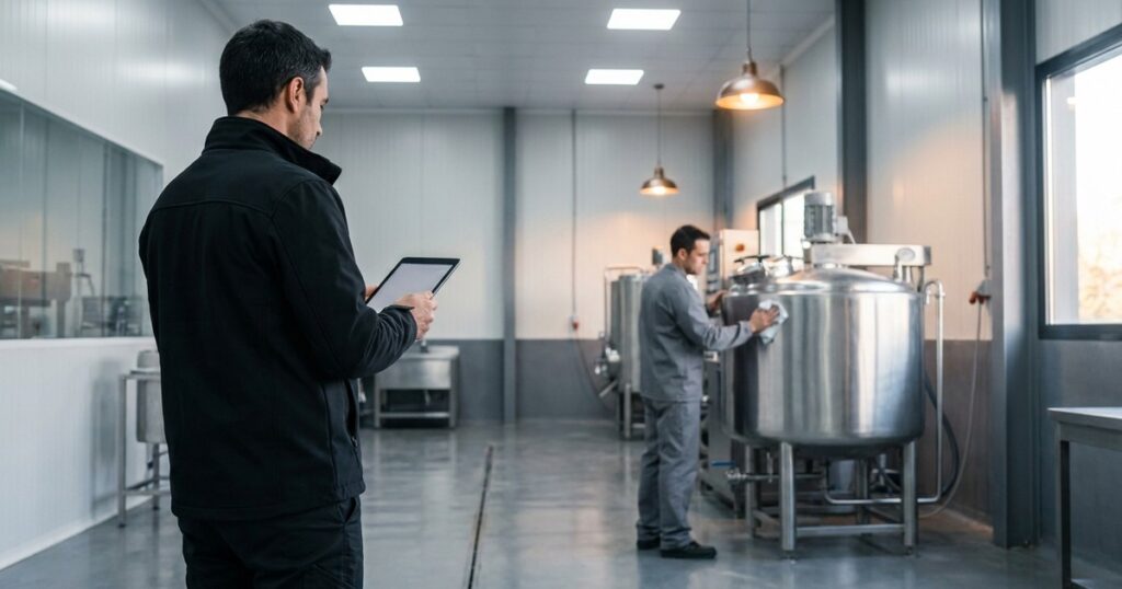 Facility manager revisant quadre de comandament amb KPI de neteja industrial en una nau del Vallès Oriental