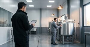 Facility manager revisant quadre de comandament amb KPI de neteja industrial en una nau del Vallès Oriental
