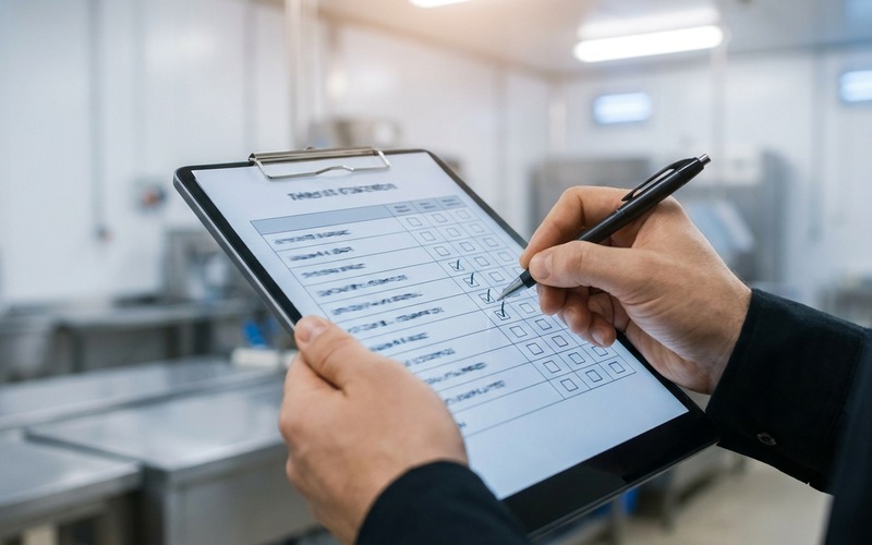 Facility manager revisant quadre de comandament amb KPI de neteja industrial en una nau del Vallès Oriental — imatge 1