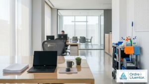 Oficina neta i ordenada amb taules i vidres impecables després del manteniment professional de NETKO