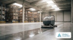 Fregadora industrial fent neteja mecanitzada del paviment d'una nau al Vallès Oriental